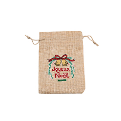 Christmas Bell Rectangle Christmas Themed Burlap Drawstring Gift Bags, Gift Pouches for Christmas Party Supplies, BurlyWood, Christmas Bell, 14x10cm
