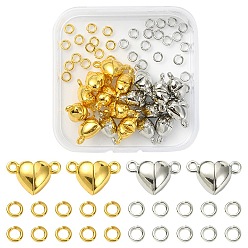 Platinum & Golden 20Pcs 2 Colors Heart Alloy Magnetic Clasps, with 40Pcs 2 Colors Brass Jump Rings, Platinum & Golden, Heart: 15x9.5x6mm, Hole: 1.5mm