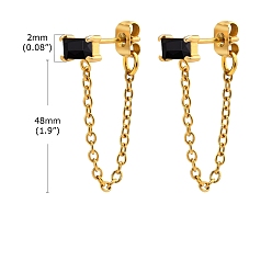 Black Cubic Zirconia Rectangle Stud Earrings, Golden 304 Stainless Steel Chains Tassel Front Back Stud Earrings, Black, 48x2mm