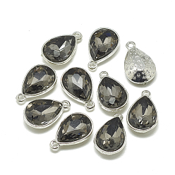 Gray Alloy Glass Charms, Faceted, teardrop, Platinum, Gray, 14.5x9x5mm, Hole: 1.5mm