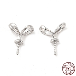 Real Platinum Plated Rhodium Plated Rack Plating 925 Sterling Silver Rabbit Ear Peg Bails, Long-Lasting Plated, for Half Drilled Beads, with S925 Stamp, Real Platinum Plated, 10x8x3.5mm, Pin: 0.8mm