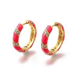 Светло-Вишневый Серьги-кольца из латуни с микропаве из прозрачного кубического циркония, с эмалью, кольцо, реальный 18 k позолоченный, светло-вишневый, 20x4 мм, штифты : 1 мм