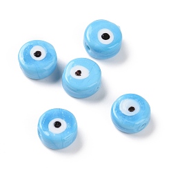 Light Sky Blue Handmade Evil Eye Lampwork Beads, Flat Round, Light Sky Blue, 11.5~12x5.5mm, Hole: 1~1.2mm
