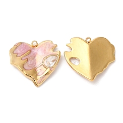 Pink 304 Stainless Steel Enamel Pendants, with Rhinestones, Real 18K Gold Plated, Heart Charm, Pink, 19x20x2.5mm, Hole: 1.5mm