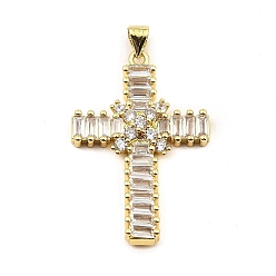 White Rack Plating Real 18K Gold Plated Brass Pendants, with Cubic Zirconia, Long-Lasting Plated, Lead Free & Cadmium Free, Cross, White, 35x23.5x5mm, Hole: 5X3.5mm