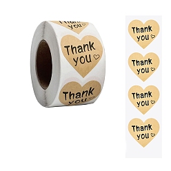 Heart Thank You Stickers Roll, Round Kraft Paper Heart Pattern Adhesive Labels, Decorative Sealing Stickers for Christmas Gifts, Wedding, Party, Heart Pattern, 38mm, 500pcs/roll