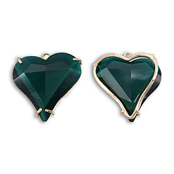 Dark Green Transparent K9 Glass Pendants, with Light Gold Plated Brass Findings, Cadmium Free & Lead Free, Faceted, Heart, Dark Green, 26.5x26.5x7.5mm, Hole: 1.2mm