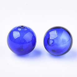 Blue Handmade Blown Glass Beads, Round, Blue, 14x14mm, Hole: 1~2mm