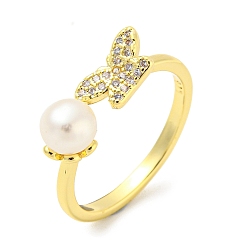 Real 14K Gold Plated Natural Pearl Butterfly Open Cuff Ring, Brass Finger Ring with Cubic Zirconia, Real 14K Gold Plated, Inner Diameter: 18mm
