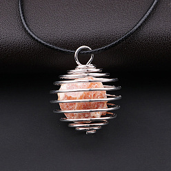 Red Aventurine Natural Red Aventurine Cage Pendant Necklace, Silver Plated Alloy Wire Wrap Necklace with Waxed Cord, 22.83 inch(58cm)