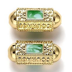 Green Brass Enamel Beads, Long-Lasting Plated, Real 18K Gold Plated, Oval & Word Courage & Rectangle, Green, 20.5x9.5x9mm, Hole: 2mm