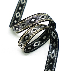 Black Ethnic Style Polyester Embroidery Rhombus Ribbons, Jacquard Ribbon, Garment Accessories, Black, 1/2 inch(12mm)
