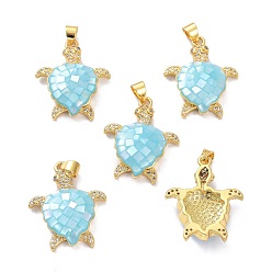 Deep Sky Blue Real 18K Gold Plated Brass Micro Pave Clear Cubic Zirconia Pendants, with Shell filled in Enamel, Long-Lasting Plated, Turtle, Deep Sky Blue, 26x21x5.5mm, Hole: 4x3.5mm
