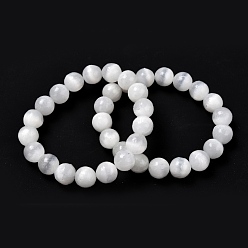 WhiteSmoke Natural Selenite Beaded Stretch Bracelets, Frosted, Round, Grade A, WhiteSmoke, Inner Diameter: 2~2-1/8 inch(5~5.5cm), Beads: 9.8~10.5mm