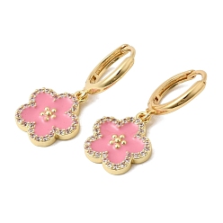 Hot Pink Brass Micro Pave Clear Cubic Zirconia Enamel Dangle Hoop Earrings, Flower, Rack Plating, Long-Lasting Plated, Cadmium Free & Lead Free, Real 18K Gold Plated, Hot Pink, 29.5x13.5mm