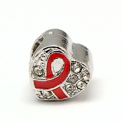 Красный Платиновый оттенок сплав горный хрусталь европейских бисер, бусины с большим отверстием и эмалевым символом борьбы против рака молочной железы, красные, 9.5x9.5x8.5 мм, отверстие : 4 мм