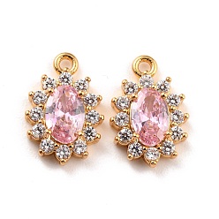 Pink Real 18K Gold Plated Brass Micro Pave Cubic Zirconia Charms, Cadmium Free & Nickel Free & Lead Free, Oval, Pink, 12x8x3mm, Hole: 1.2mm
