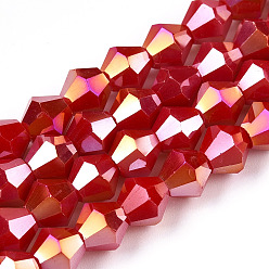 Малиновый Непрозрачные однотонные гальванические стеклянные бусины, с покрытием AB цвета, граненые, двухконусные, малиновый, 6x5.5 мм, отверстие : 1 мм, около 46~49 шт / нитка, 10.04~10.63 дюйм (25.5~27 см)
