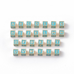 Sky Blue Rack Plating Brass Enamel Beads, Cadmium Free & Nickel Free & Lead Free, Real 18K Gold Plated, Cube with Letter A`Z, Sky Blue, 6x6x6mm, Hole: 2.5mm
