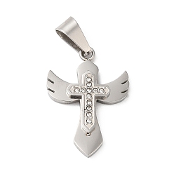 Stainless Steel Color 304 Stainless Steel Pendants, with Rhinestone, Cross with Wing Charm, Stainless Steel Color, 28.2x20x3.5mm, Hole: 9x5mm