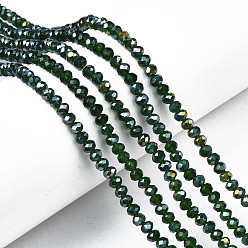 Dark Green Electroplate Glass Beads Strands, AB Color Plated, Faceted, Rondelle, Dark Green, 4x3mm, Hole: 0.4mm, about 123~127pcs/strand, 16.5~16.9 inch(42~43cm)