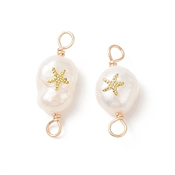 Starfish Grade AA Natural Cultured Freshwater Pearl Connector Charms with Golden Tone Alloy Slices, Two Sides Polished, with Copper Wire Double Loops, Starfish Pattern, 20~21x8~9x6~8mm, Hole: 2.5mm