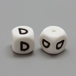 Letter D Food Grade Eco-Friendly Silicone Beads, Chewing Beads For Teethers, DIY Nursing Necklaces Making, Letter Style, Cube, Letter.D, 12x12x12mm, Hole: 2mm