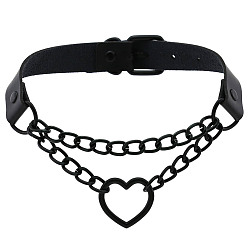 Black Spades Heart Black Fashionable Heart-shaped Black Chain Collar Necklace with Lock, PU Leather Material