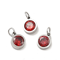 FireBrick 304 Stainless Steel Pendants, with Cubic Zirconia and Jump Rings, Single Stone Charms, Flat Round, Stainless Steel Color, FireBrick, 9.5x7.5x3mm, Hole: 3.6mm