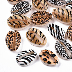 Mixed Color Printed Natural Cowrie Shell Beads, No Hole/Undrilled, with Animal Skin Pattern, Mixed Color, 18~22x13~14x6~8mm