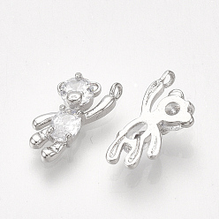 Real Platinum Plated Brass Cubic Zirconia Charms, Bear, Clear, Real Platinum Plated, 12x6x3mm, Hole: 1mm