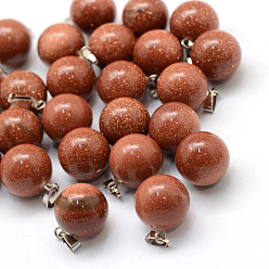 Goldstone Round Synthetic Goldstone Pendants, with Platinum Tone Brass Findings, 17~19x13~14mm, Hole: 2x7mm