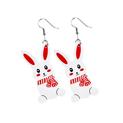 Red Imitation Leather Easter Rabbit Dangle Earrings for Women, Red, 10mm