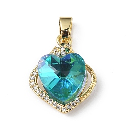 Cyan Real 18K Gold Plated Rack Plating Brass Micro Pave Clear Cubic Zirconia Pendants, with Glass, Long-Lasting Plated, Cadmium Free & Lead Free, Heart Charm, Cyan, 21.5x17x8mm, Hole: 5x3.2mm