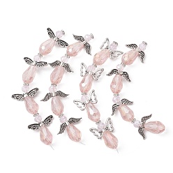 Pink Angel Fairy Shape Electroplate Glass Beads Strands, with Tibetan Style Alloy Wing Beads, Pink, 26~28x18~26x10mm, Hole: 0.8mm, about 4pcs/strand, 3.858~4.09''(9.8~10.4cm)