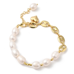 Real 18K Gold Plated Rack Plating Brass Heart Charm Bracelet with Natural Pearl Beaded Chains, Cadmium Free & Lead Free, Real 18K Gold Plated, 7-3/8 inch(18.7cm)