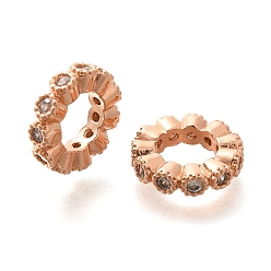 Розовое Золото Покрытие стойки латунь микропаве прозрачные кубические циркониевые бусины, долговечный, без свинца и без кадмия, большое отверстие шарик, розовое золото , 12x3 мм, отверстие : 6.5 мм