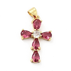 Cerise Rack Plating Brass Micro Pave Cubic Zirconia Pendants, Long-Lasting Plated, Lead Free & Cadmium Free, Cross, Real 18K Gold Plated, Religion, Cerise, 24.5x15.5x4mm, Hole: 3.5x4mm