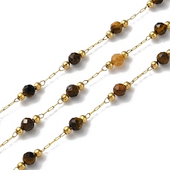 Tiger Eye Ion Plating(IP) Real 18K Gold Plated 316 Stainless Steel Paperclip Chains, with Faceted Round Natural Tiger Eye Beaded, with Spool, Soldered, 3mm