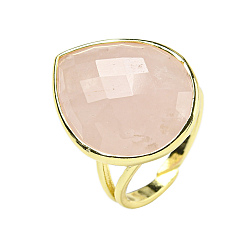 Rose Quartz Teardrop Natural Rose Quartz Open Cuff Rings, Golden Plated Brass Ring for Unisex, Inner Diameter: Adjustable