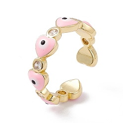 Pink Heart with Evil Eye Enamel & Clear Cubic Zirconia Open Cuff Ring, Real 18K Gold Plated Brass Jewelry for Women, Lead Free & Cadmium Free, Pink, US Size 6 1/4(16.7mm)