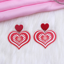 Red Valentine's Day Heart Acrylic Dangle Stud Earrings, Red, 51x45mm