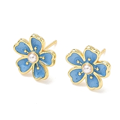 Стально-синий Серьги-гвоздики с цветочным рисунком из латуни и АБС-пластика с жемчугом, с эмалью, без кадмия и без свинца, долговечный, стойки покрытие, реальный 18 k позолоченный, стальной синий, 12.5x13 мм