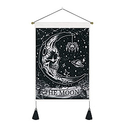Moon Halloween Skull Polyester Decorative Wall Tassel Hanging Tapestrys, for Home Decoration, with Wooden Rod and Plastic Hook, Black, Rectangle, Moon, 500x350mm