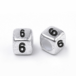 Number Perles acryliques antiques plaquées argent, cube avec numéro noir, num. 6, 6mm, Trou: 3mm, environ150000 pcs / 25000 g