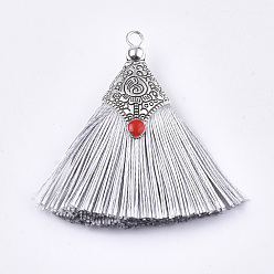 Light Grey Polyester Tassel Pendant Decorations, with Alloy Findings and Enamel, Fan Shape, Antique Silver, Light Grey, 45~50x40~44x7~10mm, Hole: 2.5mm
