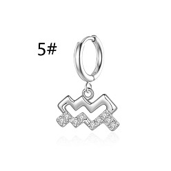Aquarius Clear Cubic Zirconia Constellation Dangle Hoop Earrings, 304 Stainless Steel Jewelry for Women, Stainless Steel Color, Aquarius, 6mm