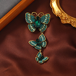 Emerald Creative Long Alloy Triple Butterfly Brooch, Rhinestone Retro Insect Brooch, for Ceremony Banquet Suit Accessory, Emerald, 110x52mm