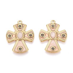 Old Lace 304 Stainless Steel with Enamel Pendants, Cross Charms, Ion Plating(IP), with Rhinestone, Real 18K Gold Plated, Old Lace, 30x24x2.5mm, Hole: 1.5mm