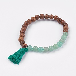 Green Aventurine Natural Green Aventurine Stretch Bracelets, with Wood Beads and Cotton Thread Tassel, 2-1/8 inch(5.5cm)